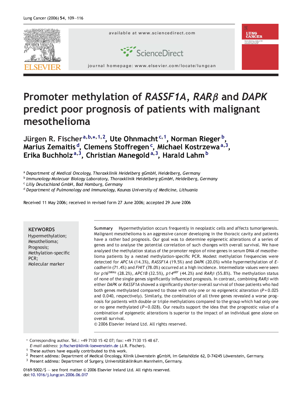 Promoter methylation of RASSF1A, RARβ and DAPK predict poor prognosis of patients with malignant mesothelioma