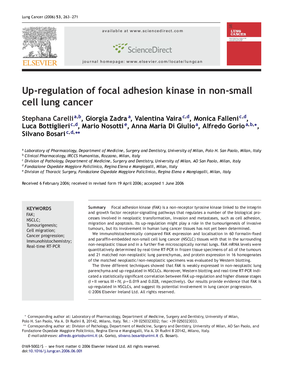 Up-regulation of focal adhesion kinase in non-small cell lung cancer