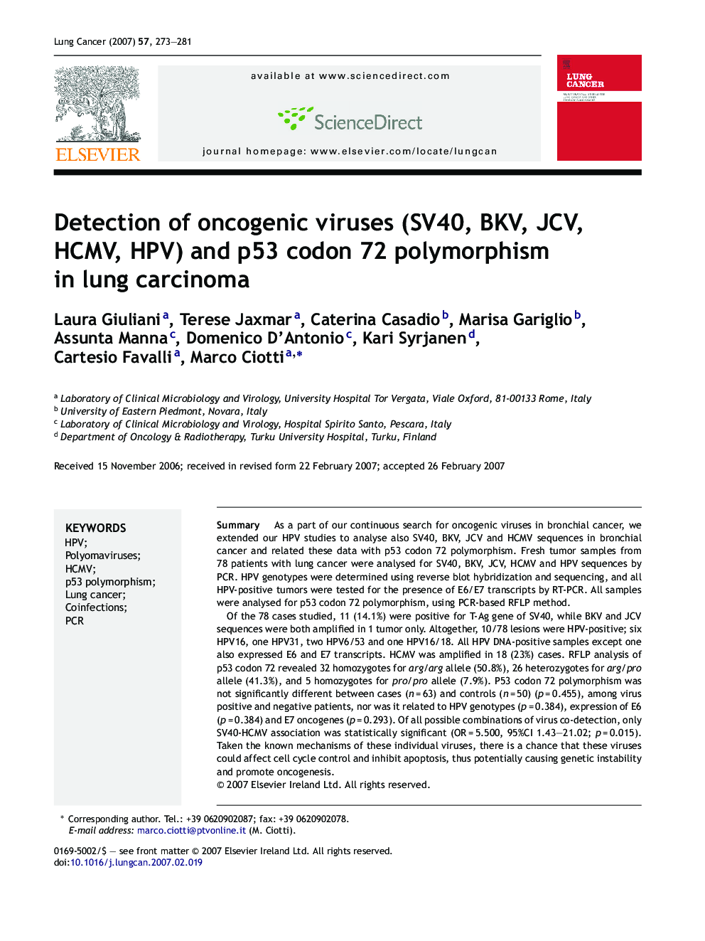 Detection of oncogenic viruses (SV40, BKV, JCV, HCMV, HPV) and p53 codon 72 polymorphism in lung carcinoma