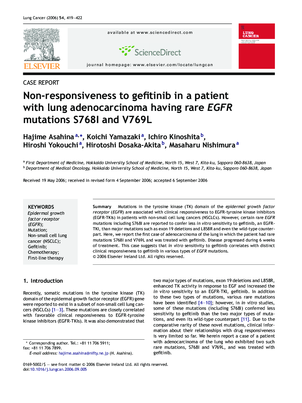 Non-responsiveness to gefitinib in a patient with lung adenocarcinoma having rare EGFR mutations S768I and V769L