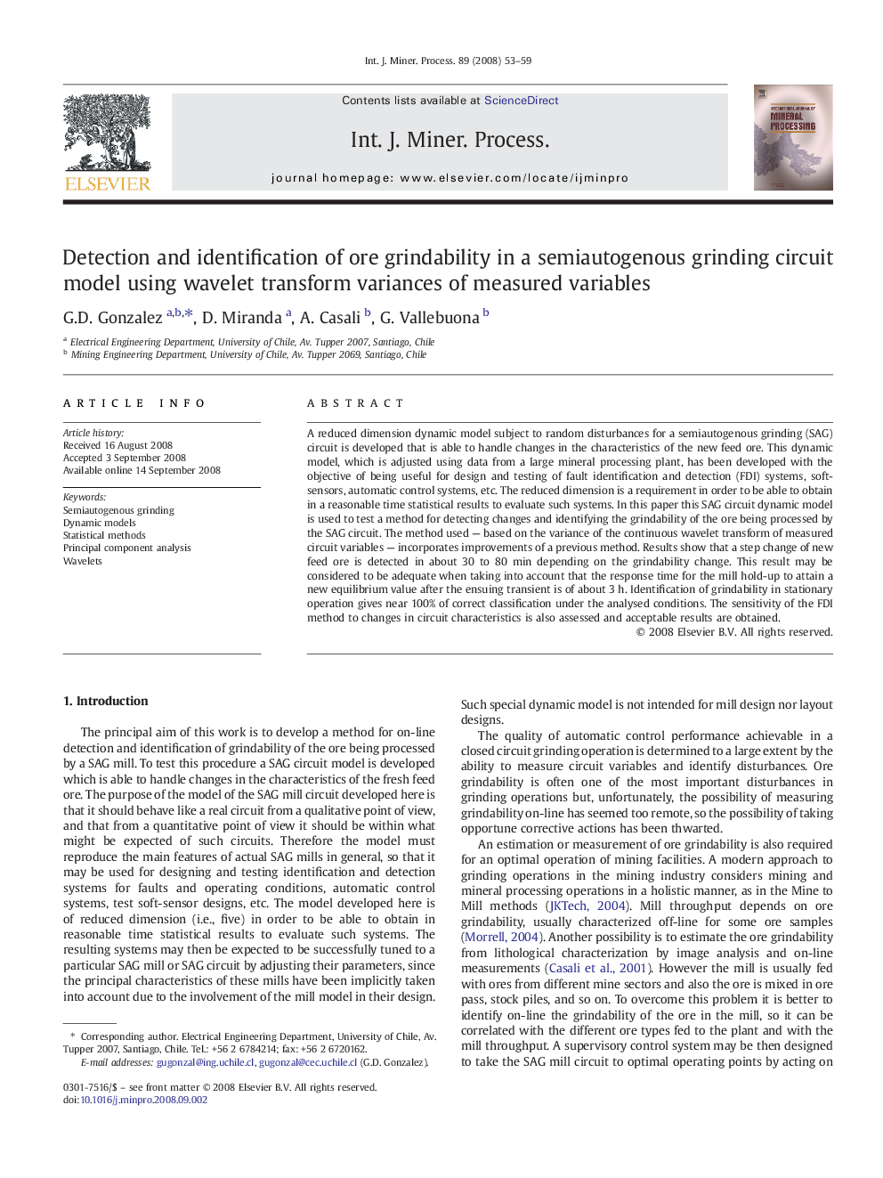 Detection and identification of ore grindability in a semiautogenous grinding circuit model using wavelet transform variances of measured variables