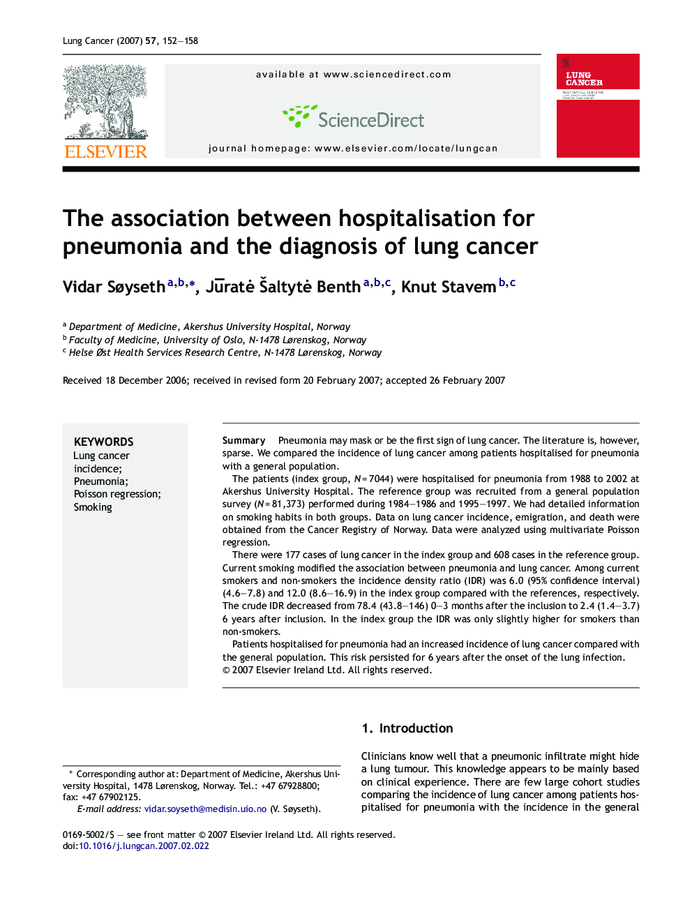 The association between hospitalisation for pneumonia and the diagnosis of lung cancer
