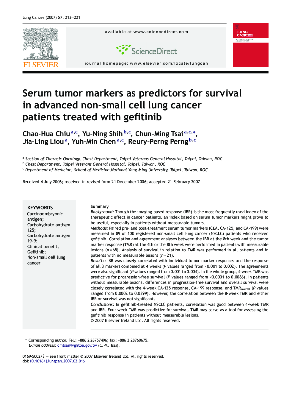 Serum tumor markers as predictors for survival in advanced non-small cell lung cancer patients treated with gefitinib