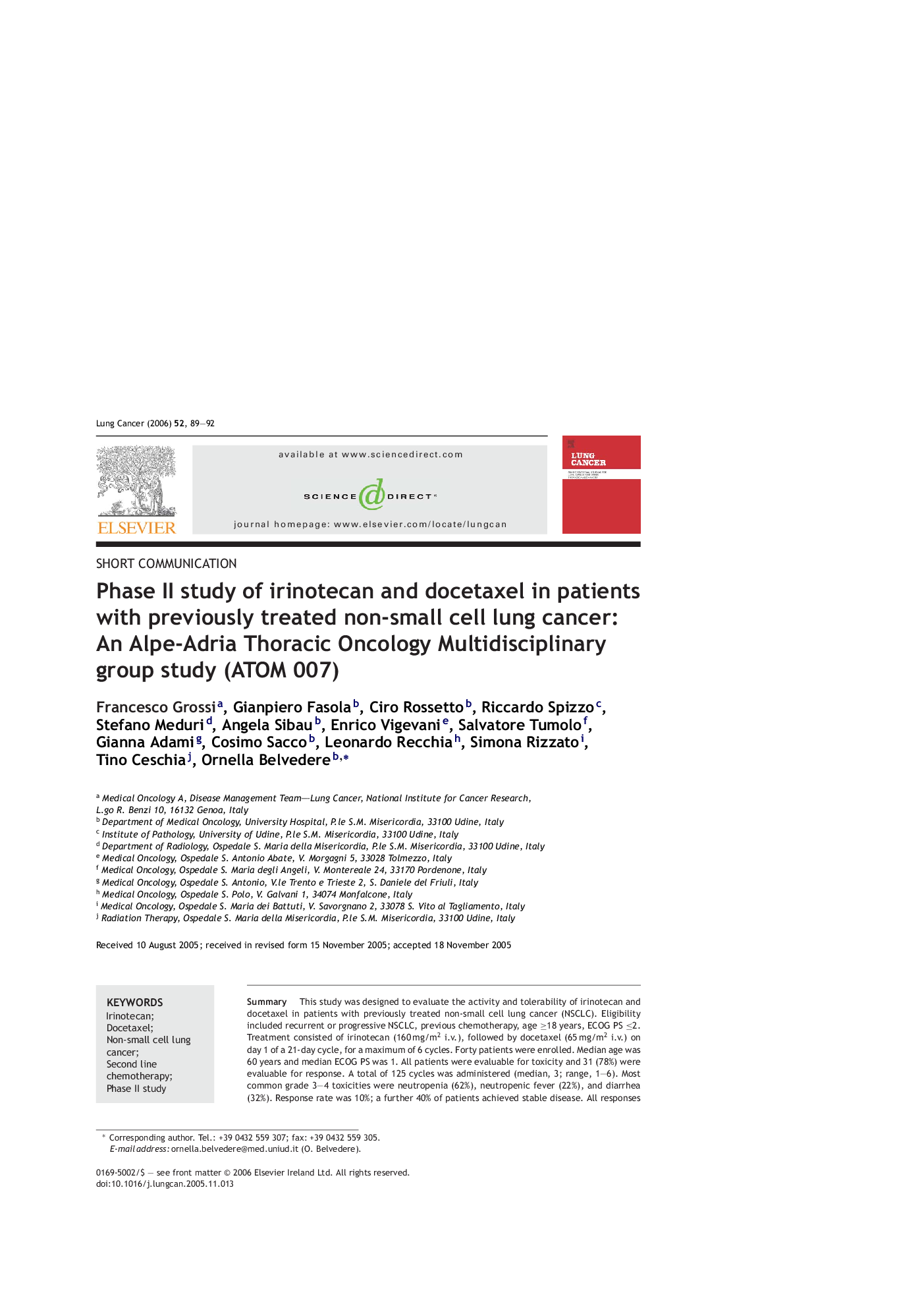 Phase II study of irinotecan and docetaxel in patients with previously treated non-small cell lung cancer: An Alpe-Adria Thoracic Oncology Multidisciplinary group study (ATOM 007)