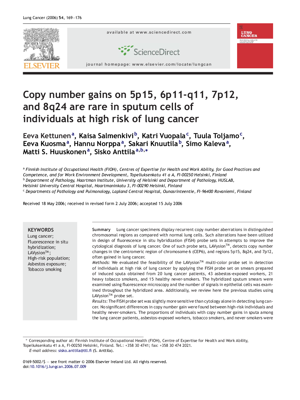 Copy number gains on 5p15, 6p11-q11, 7p12, and 8q24 are rare in sputum cells of individuals at high risk of lung cancer