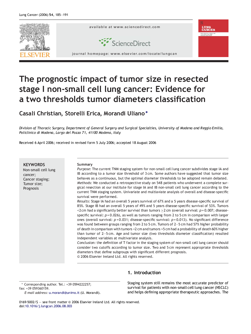 The prognostic impact of tumor size in resected stage I non-small cell lung cancer: Evidence for a two thresholds tumor diameters classification