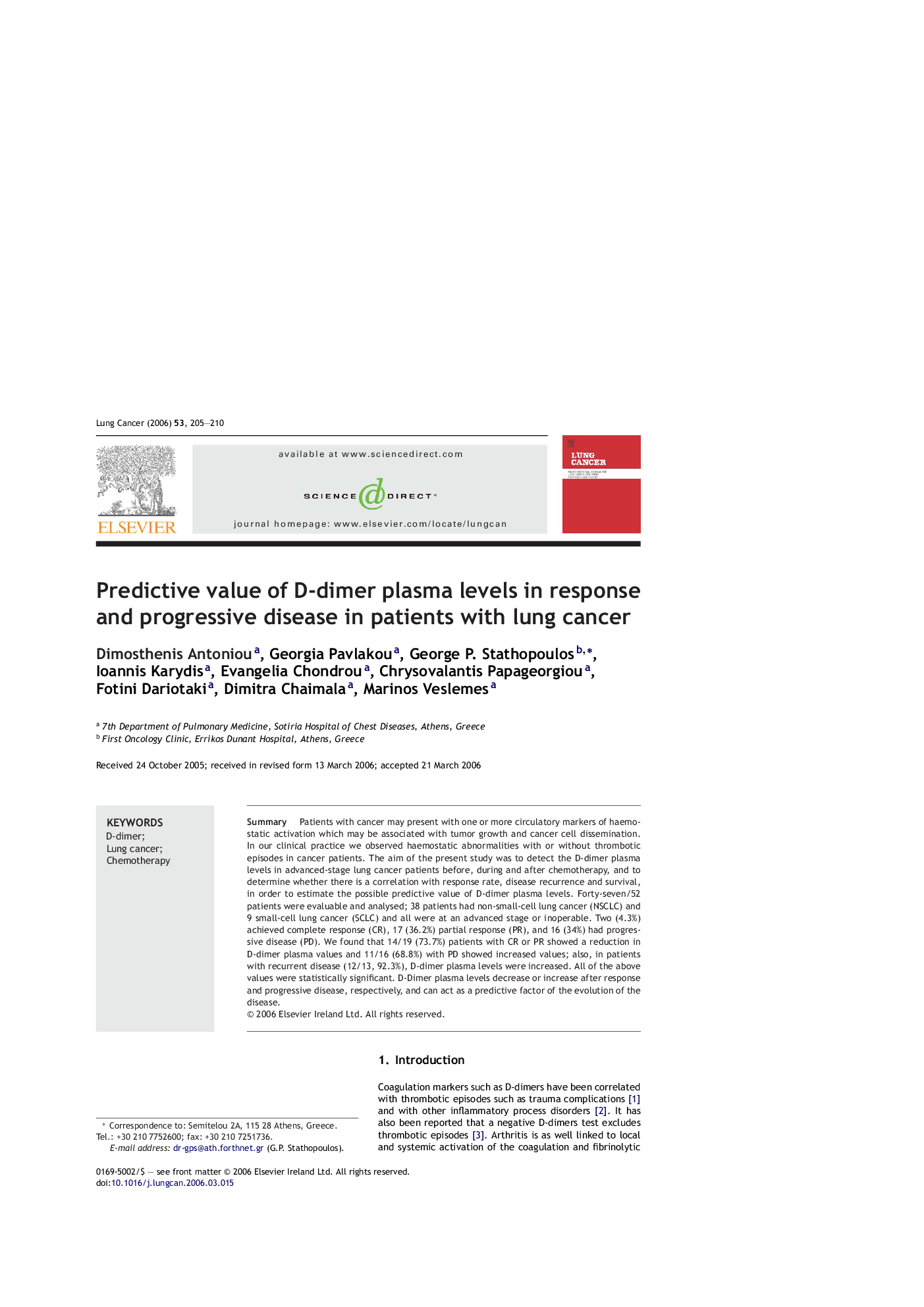 Predictive value of D-dimer plasma levels in response and progressive disease in patients with lung cancer