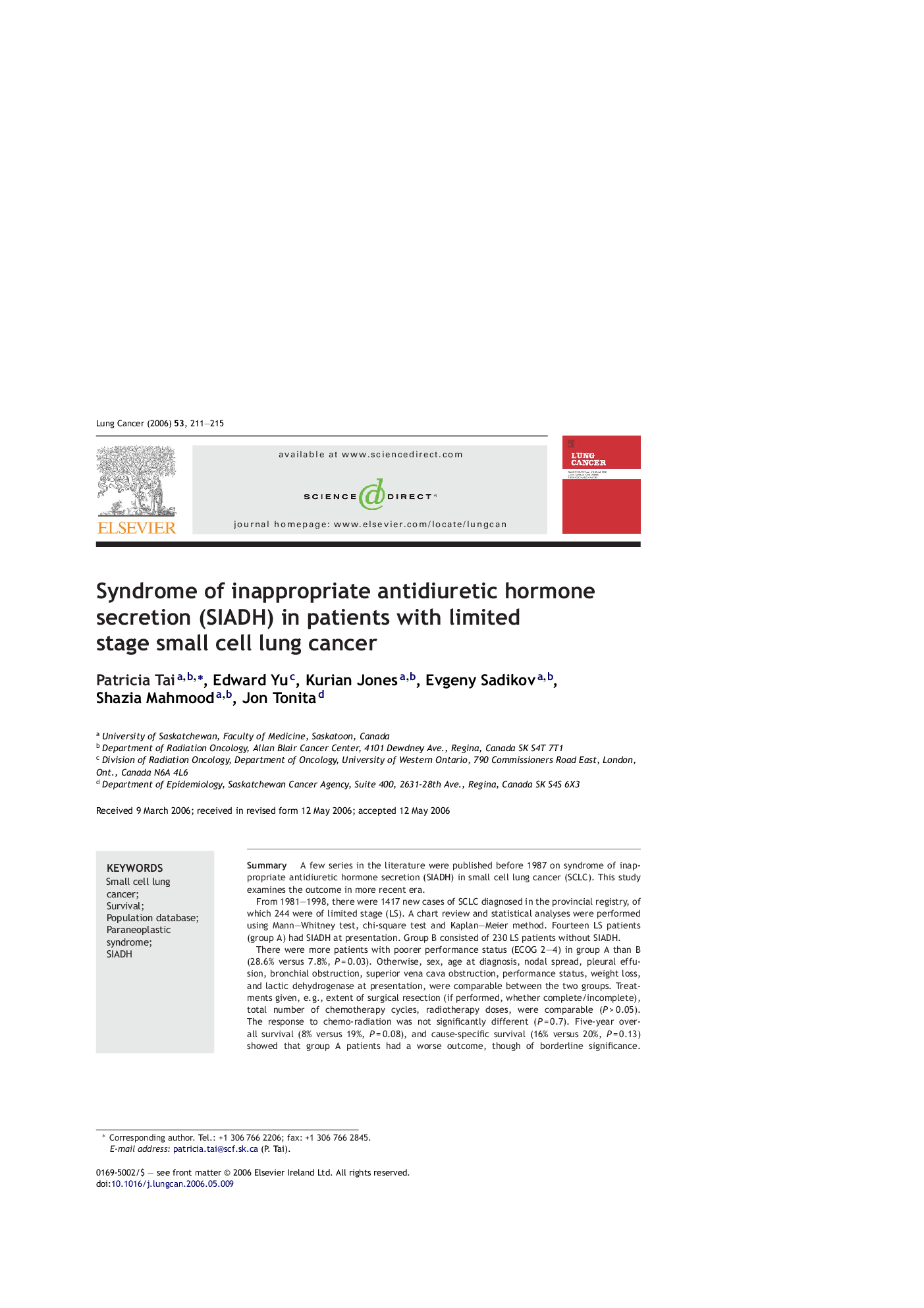 Syndrome of inappropriate antidiuretic hormone secretion (SIADH) in patients with limited stage small cell lung cancer