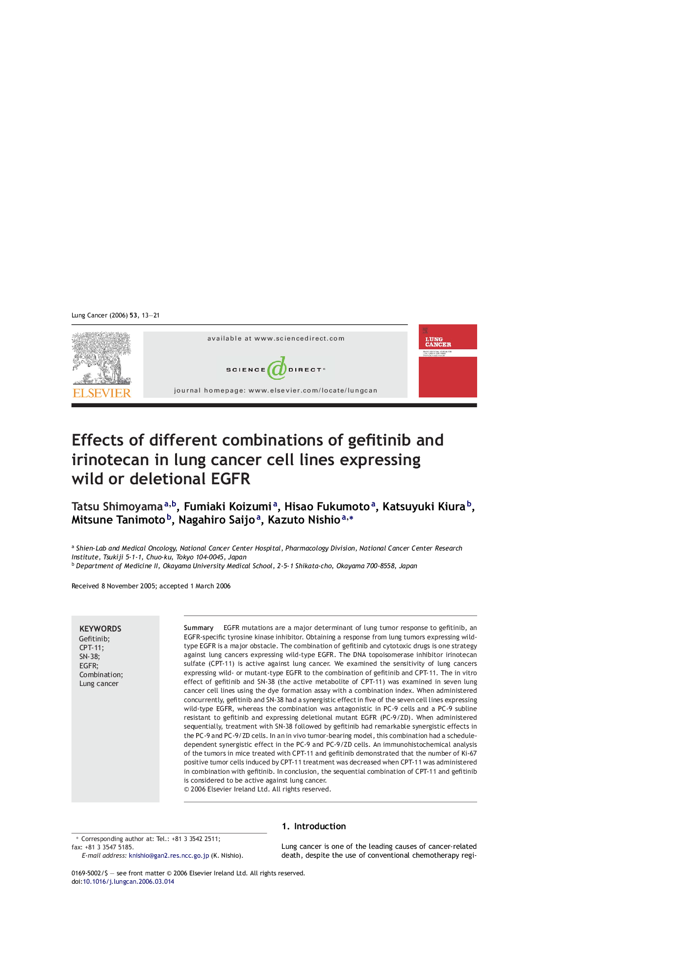 Effects of different combinations of gefitinib and irinotecan in lung cancer cell lines expressing wild or deletional EGFR