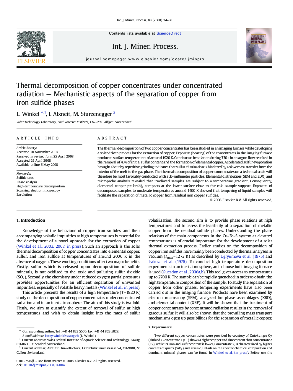 Thermal decomposition of copper concentrates under concentrated radiation — Mechanistic aspects of the separation of copper from iron sulfide phases