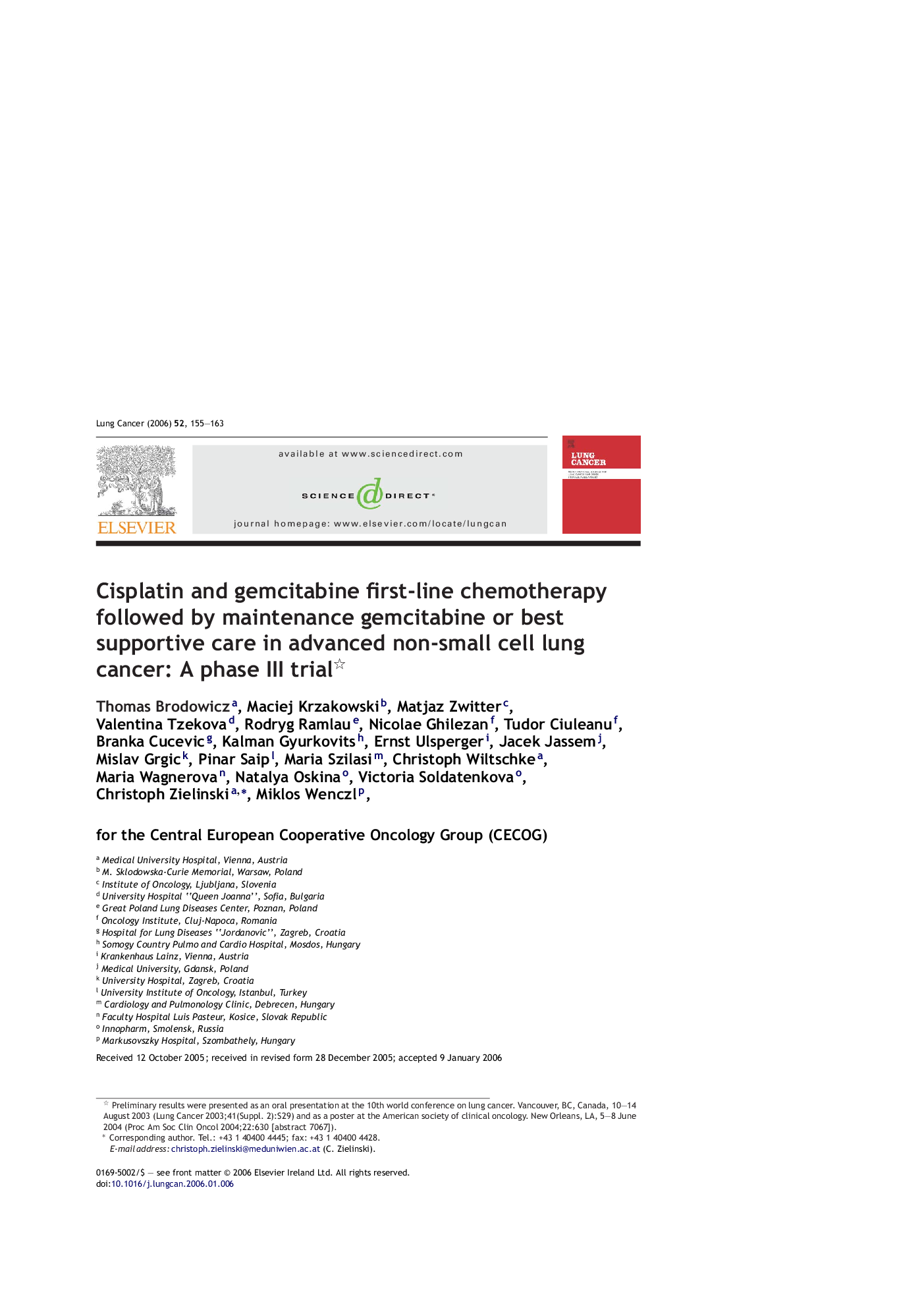 Cisplatin and gemcitabine first-line chemotherapy followed by maintenance gemcitabine or best supportive care in advanced non-small cell lung cancer: A phase III trial 