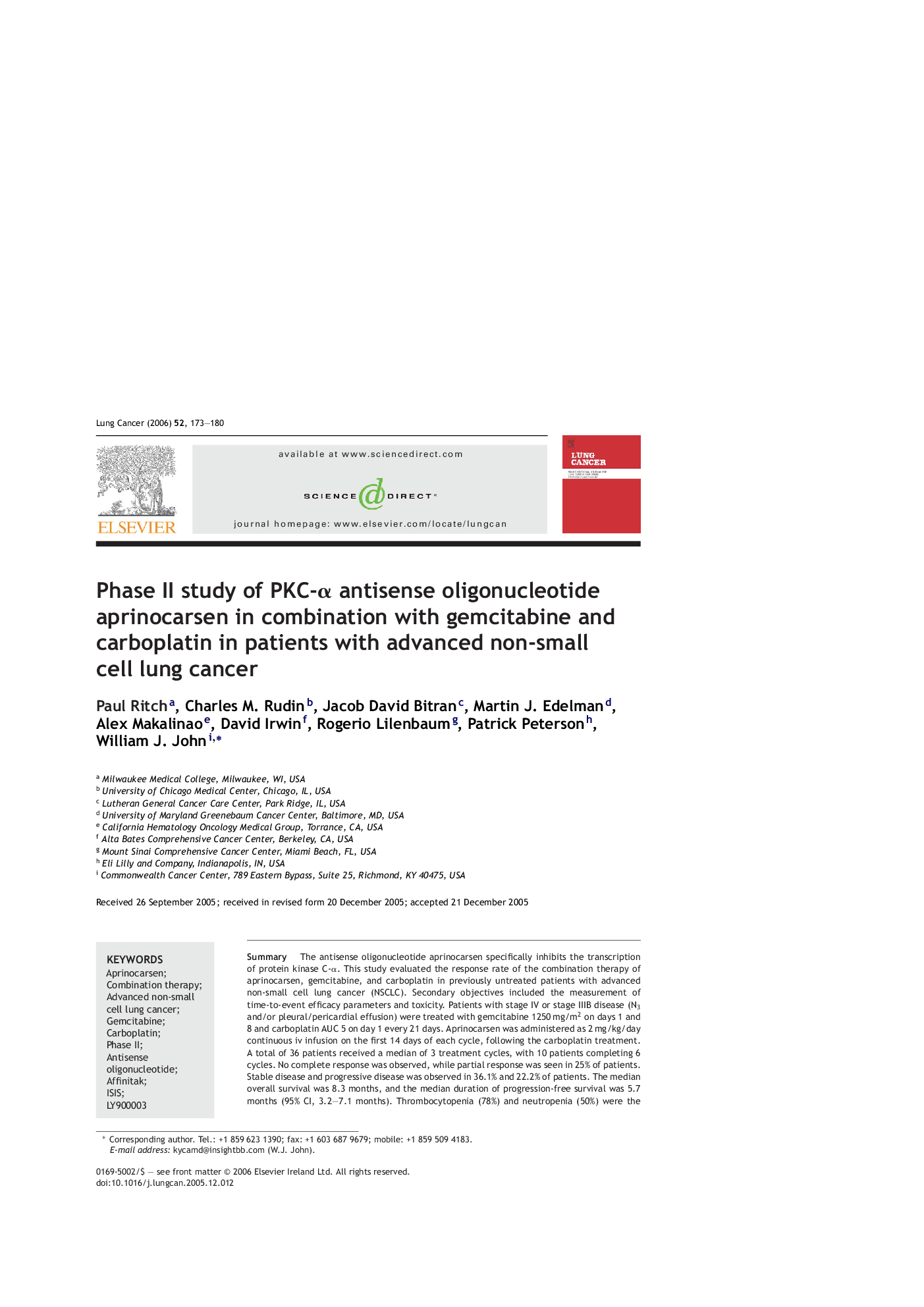 Phase II study of PKC-α antisense oligonucleotide aprinocarsen in combination with gemcitabine and carboplatin in patients with advanced non-small cell lung cancer