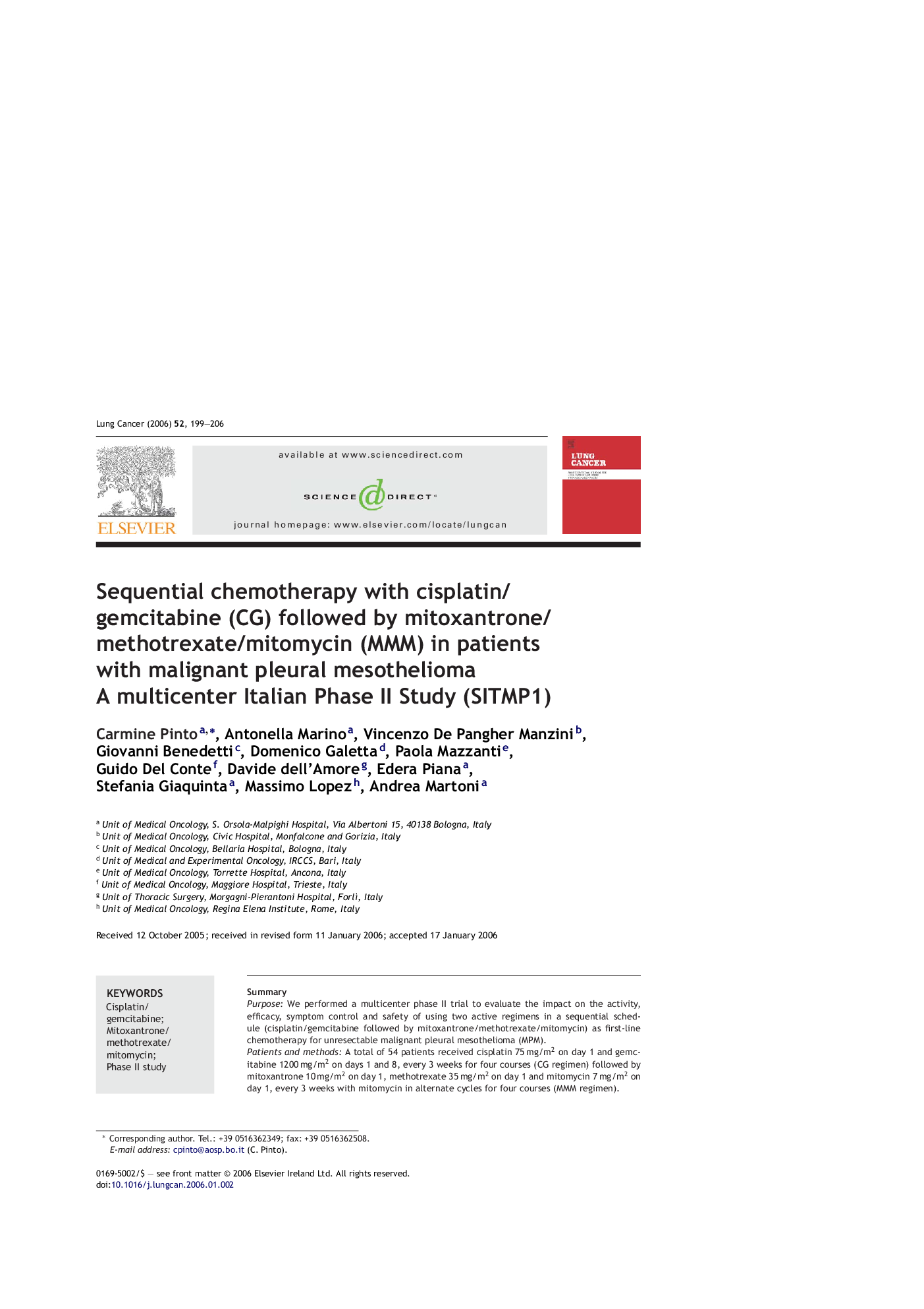 Sequential chemotherapy with cisplatin/gemcitabine (CG) followed by mitoxantrone/methotrexate/mitomycin (MMM) in patients with malignant pleural mesothelioma: A multicenter Italian Phase II Study (SITMP1)