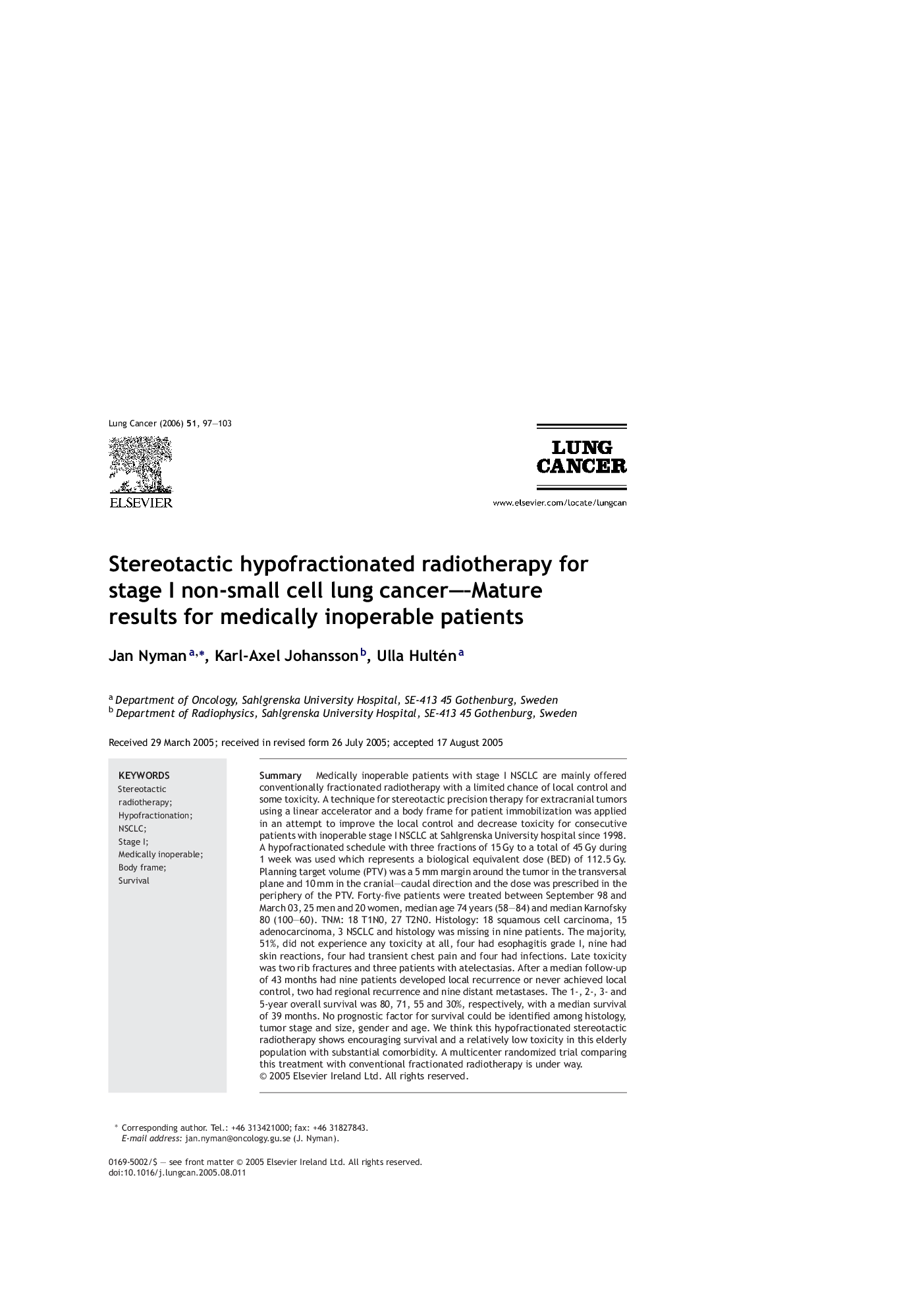 Stereotactic hypofractionated radiotherapy for stage I non-small cell lung cancer—Mature results for medically inoperable patients