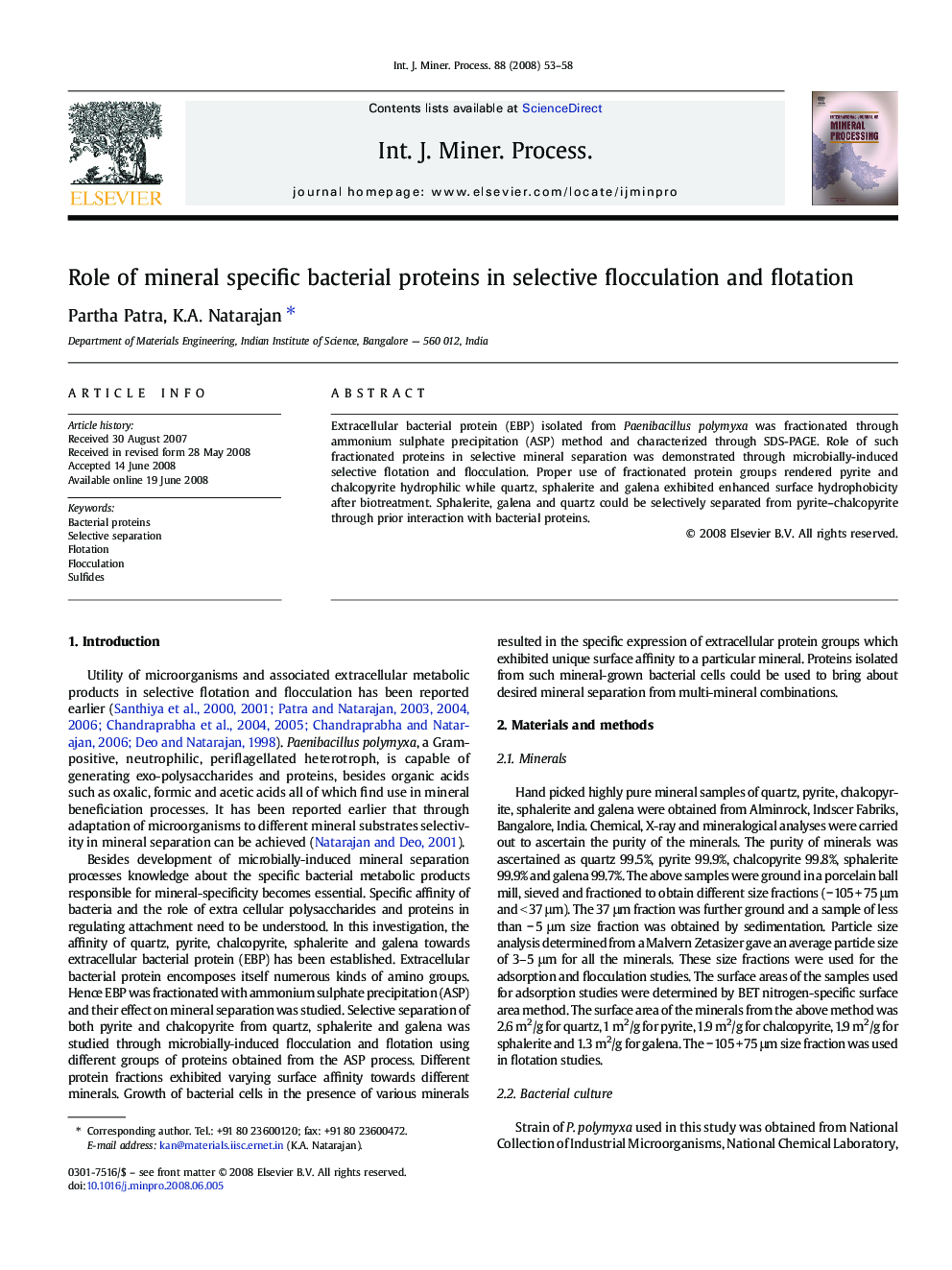 Role of mineral specific bacterial proteins in selective flocculation and flotation