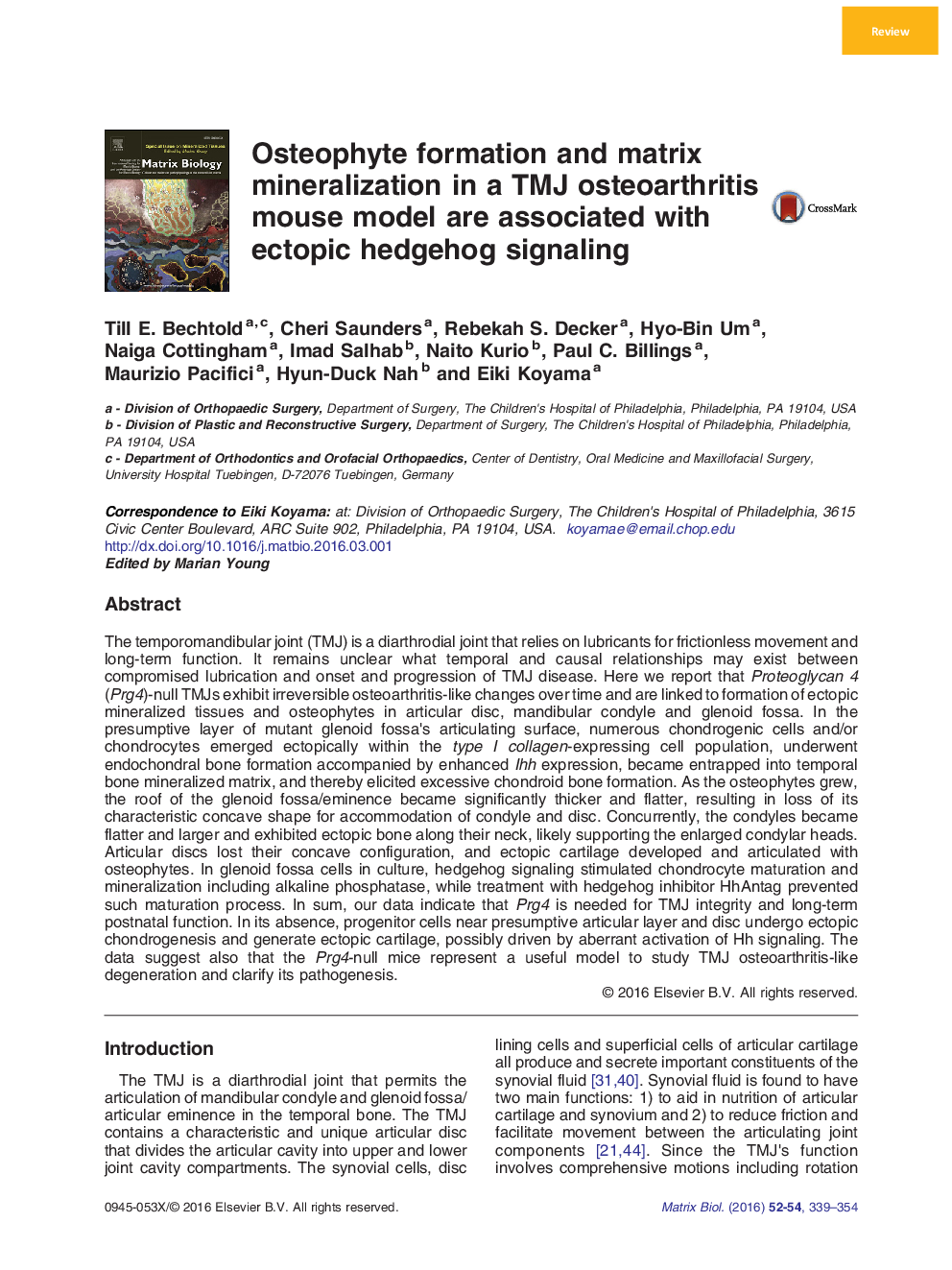 Osteophyte formation and matrix mineralization in a TMJ osteoarthritis mouse model are associated with ectopic hedgehog signaling