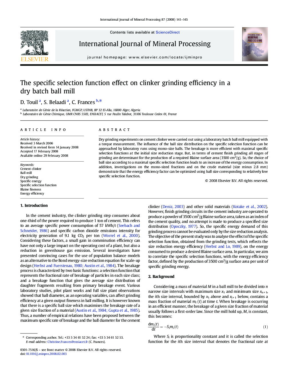 The specific selection function effect on clinker grinding efficiency in a dry batch ball mill