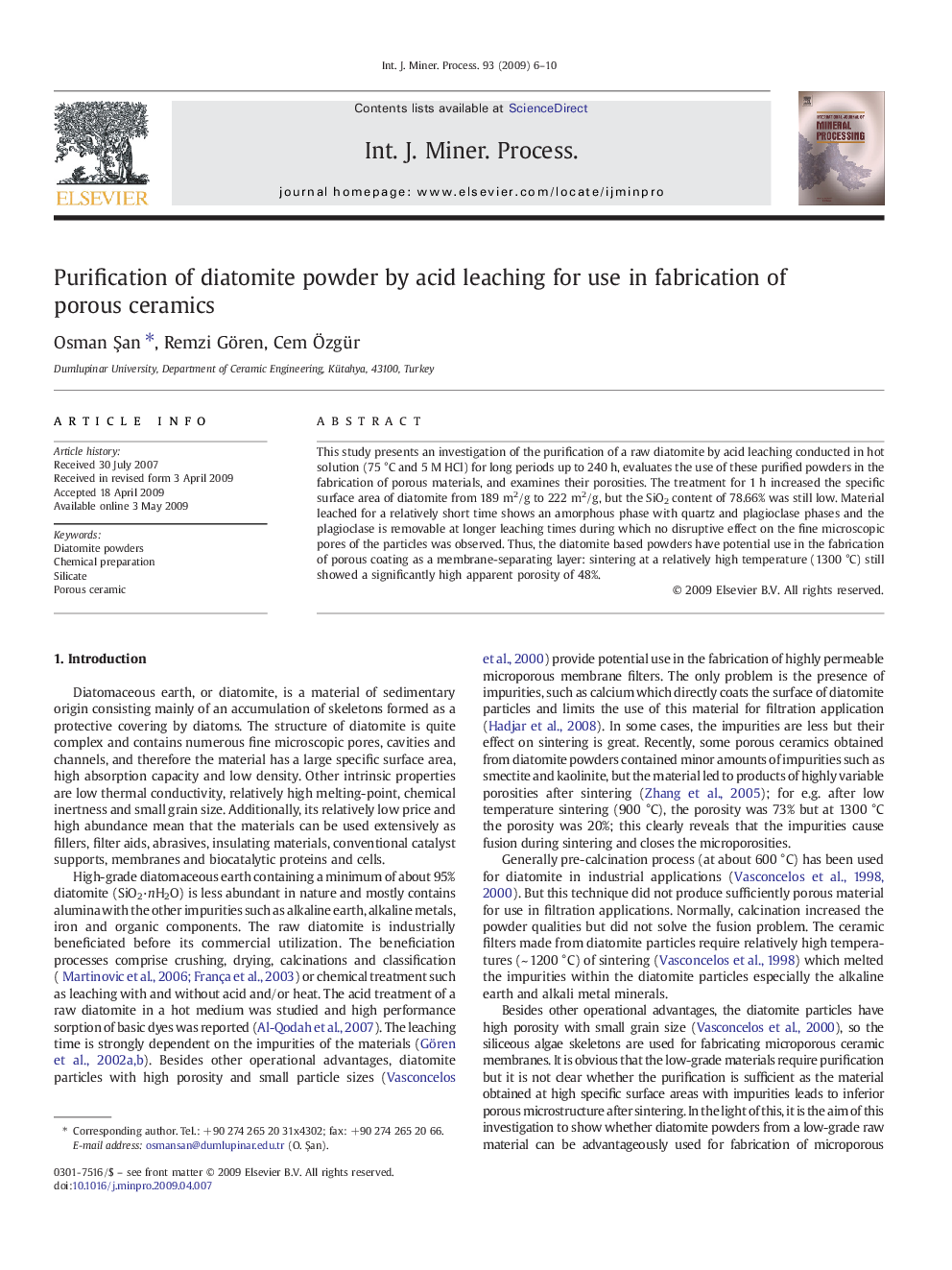 Purification of diatomite powder by acid leaching for use in fabrication of porous ceramics