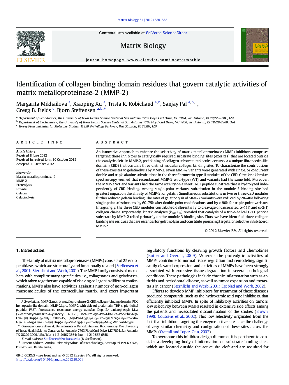 Identification of collagen binding domain residues that govern catalytic activities of matrix metalloproteinase-2 (MMP-2)