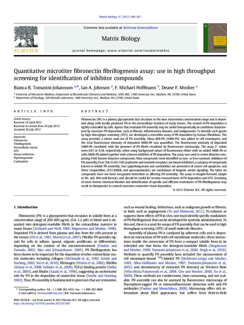 Quantitative microtiter fibronectin fibrillogenesis assay: use in high throughput screening for identification of inhibitor compounds