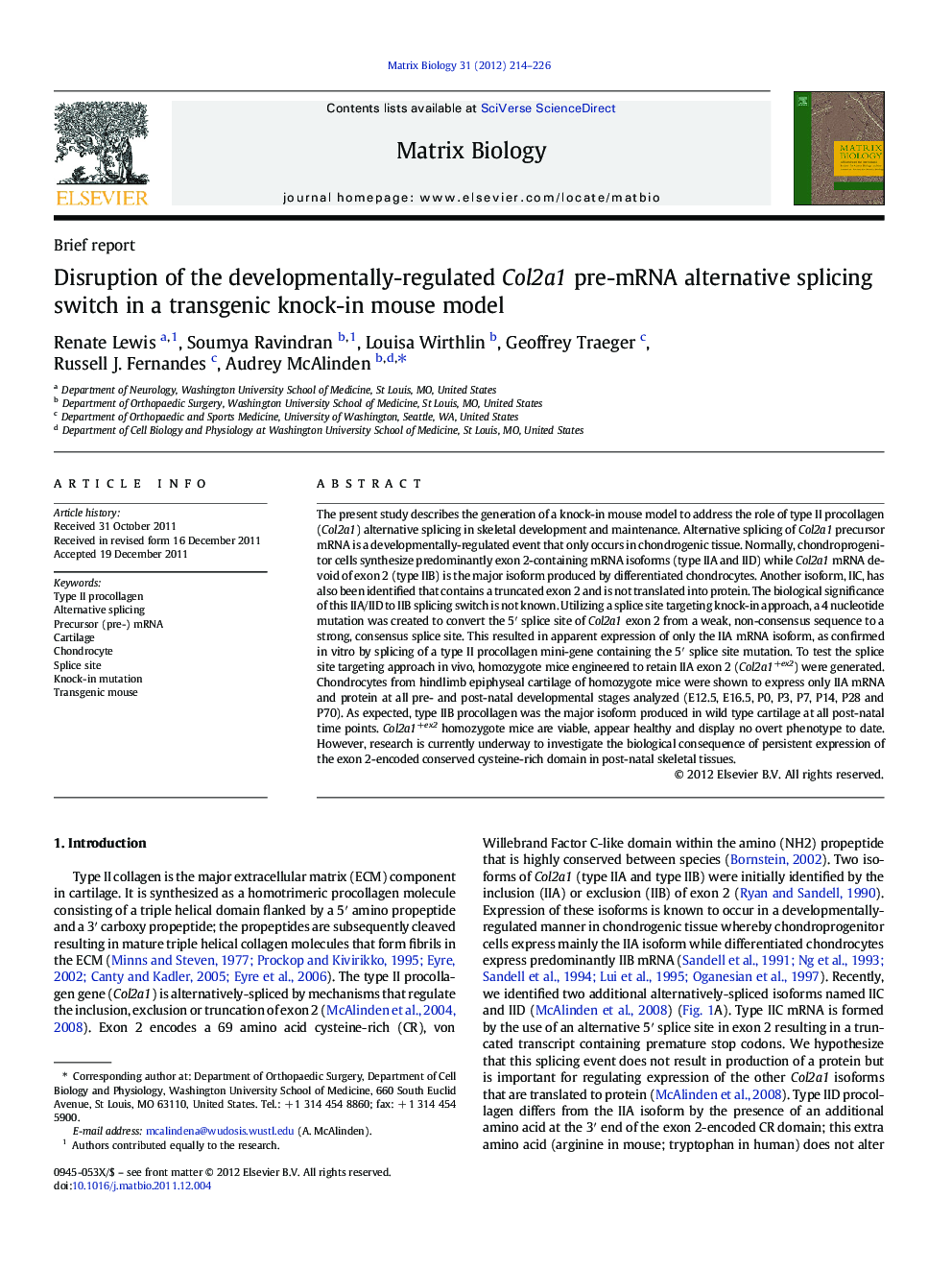 Disruption of the developmentally-regulated Col2a1 pre-mRNA alternative splicing switch in a transgenic knock-in mouse model