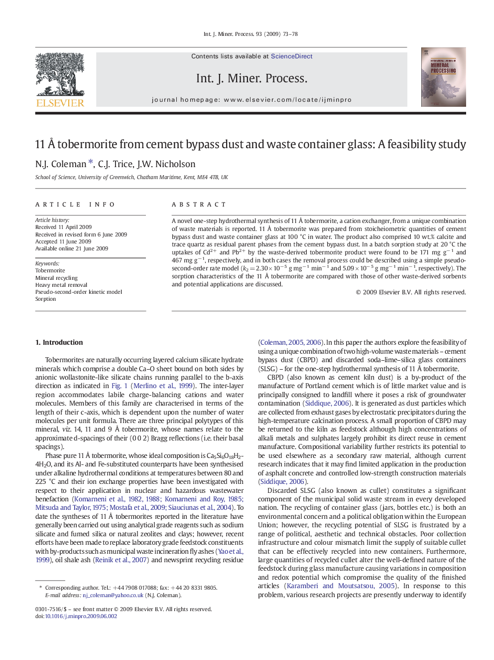 11 Å tobermorite from cement bypass dust and waste container glass: A feasibility study