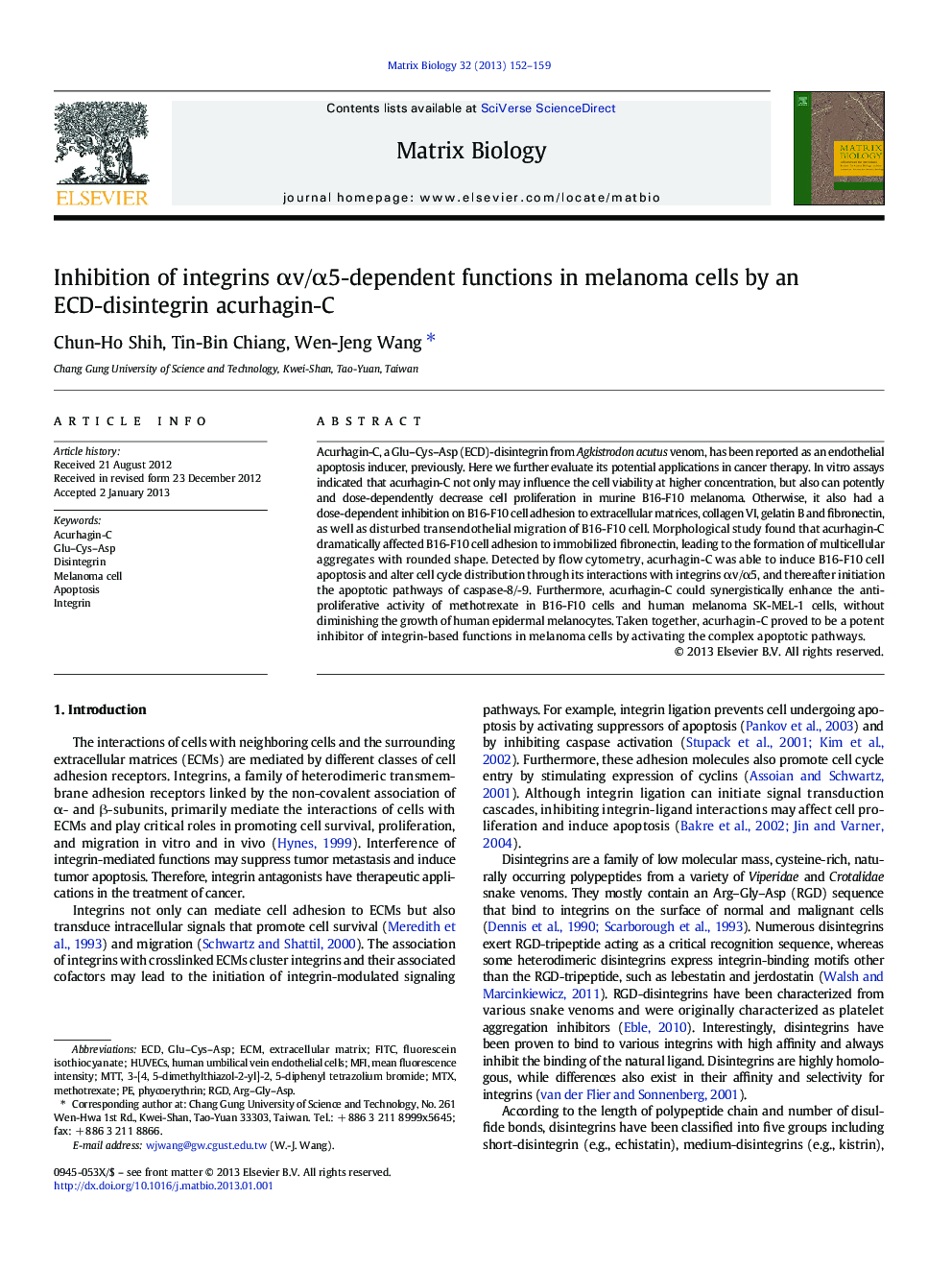 Inhibition of integrins αv/α5-dependent functions in melanoma cells by an ECD-disintegrin acurhagin-C