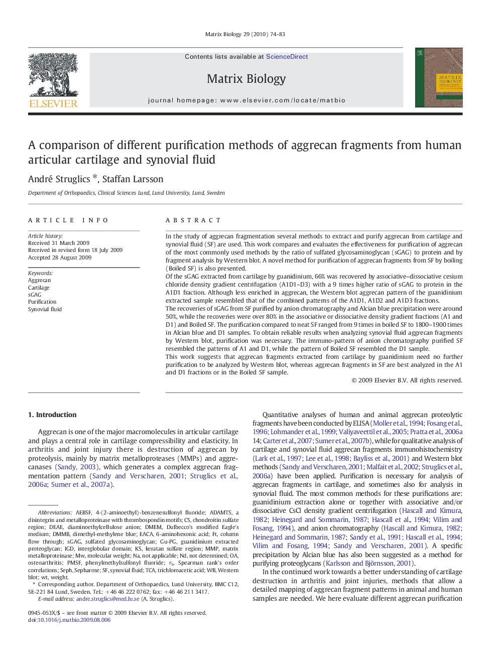 A comparison of different purification methods of aggrecan fragments from human articular cartilage and synovial fluid