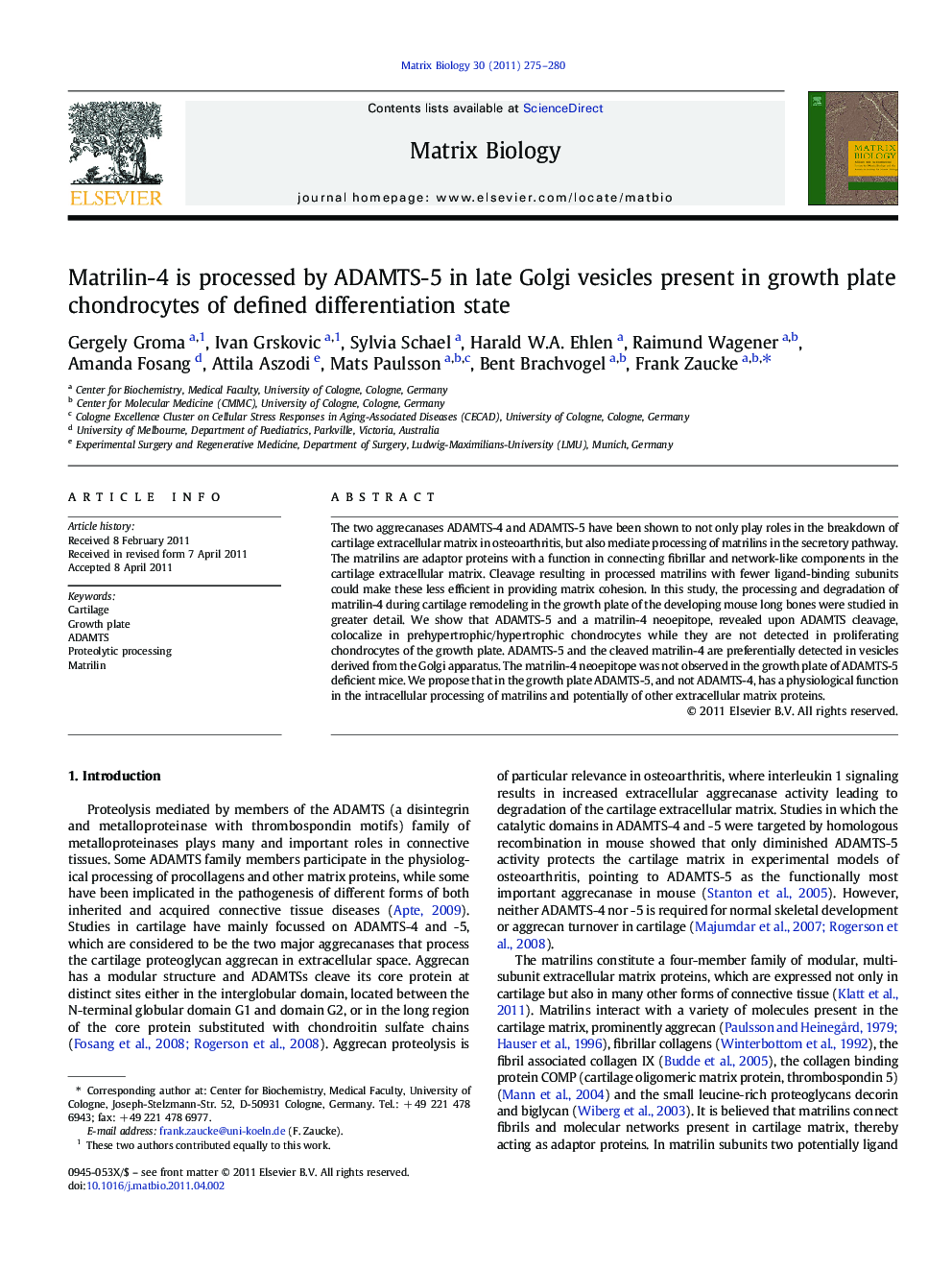 Matrilin-4 is processed by ADAMTS-5 in late Golgi vesicles present in growth plate chondrocytes of defined differentiation state