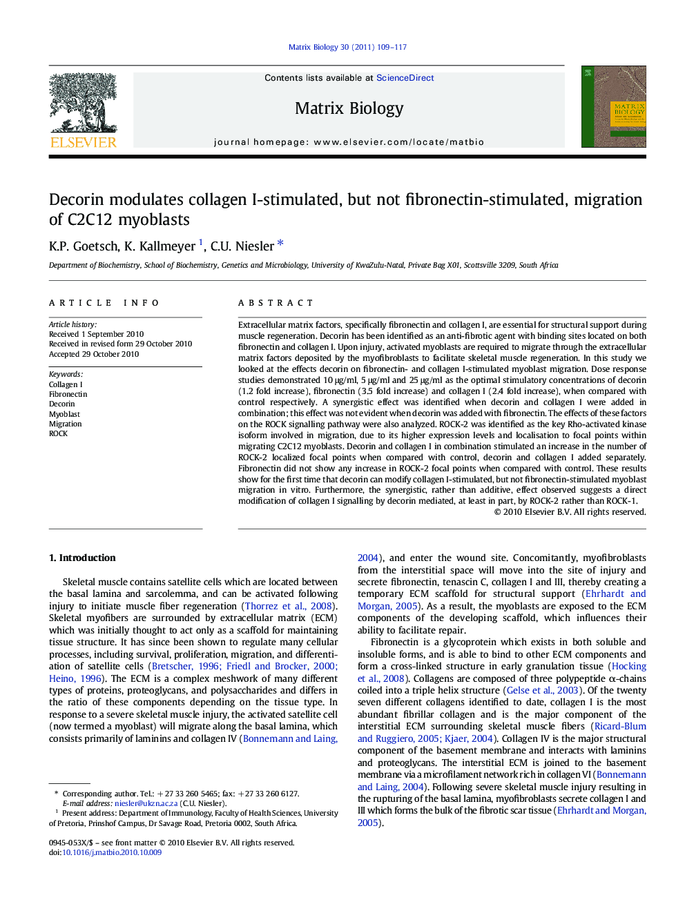 Decorin modulates collagen I-stimulated, but not fibronectin-stimulated, migration of C2C12 myoblasts