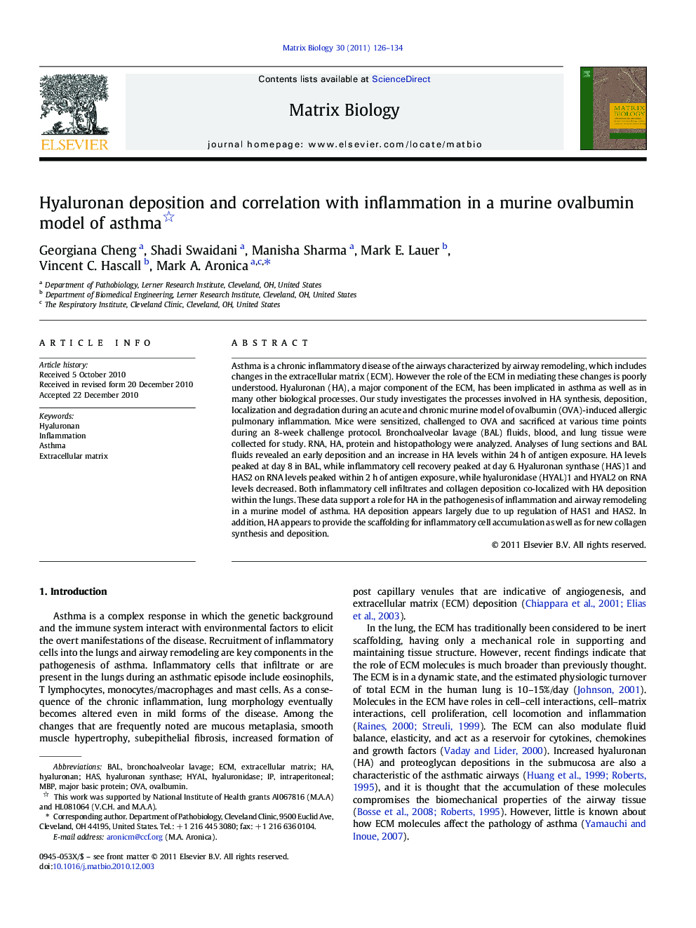 Hyaluronan deposition and correlation with inflammation in a murine ovalbumin model of asthma 