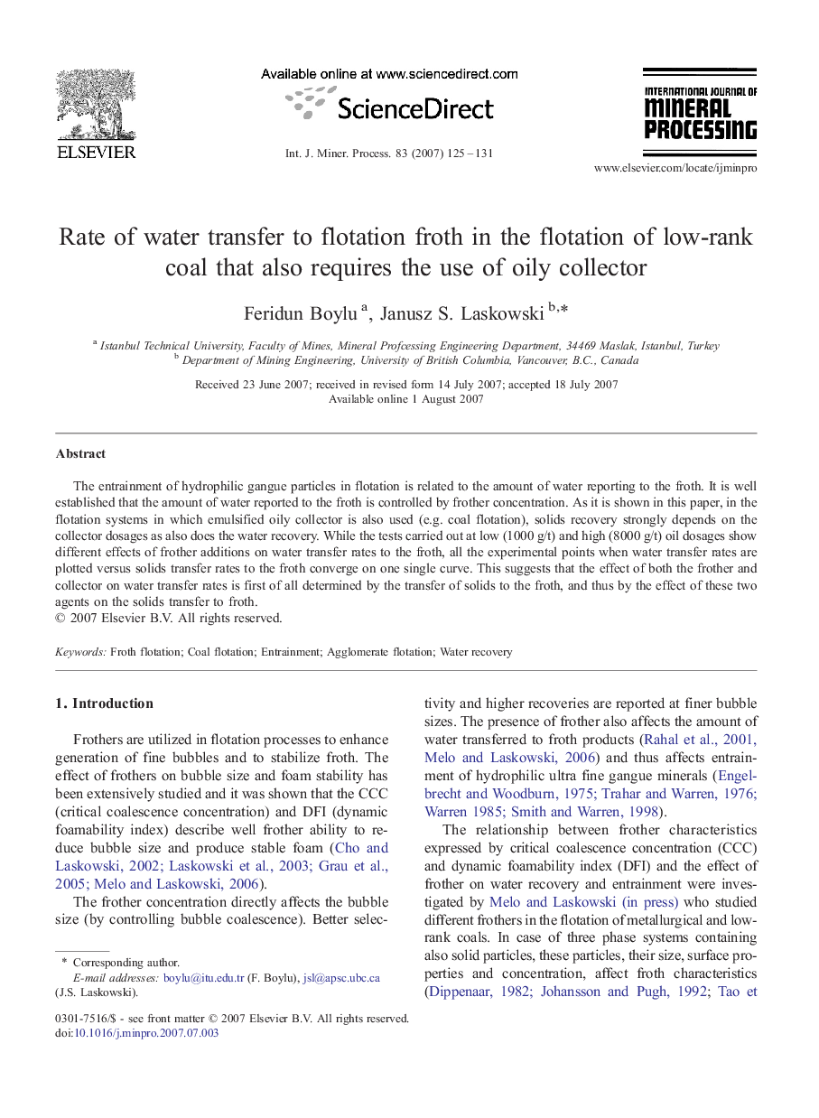 عکس صفحه اول مقاله: Rate of water transfer to flotation froth in the flotation of low-rank coal that also requires the use of oily collector Rate of water transfer to flotation froth in the flotation of low-rank coal that also requires the use of oily collector