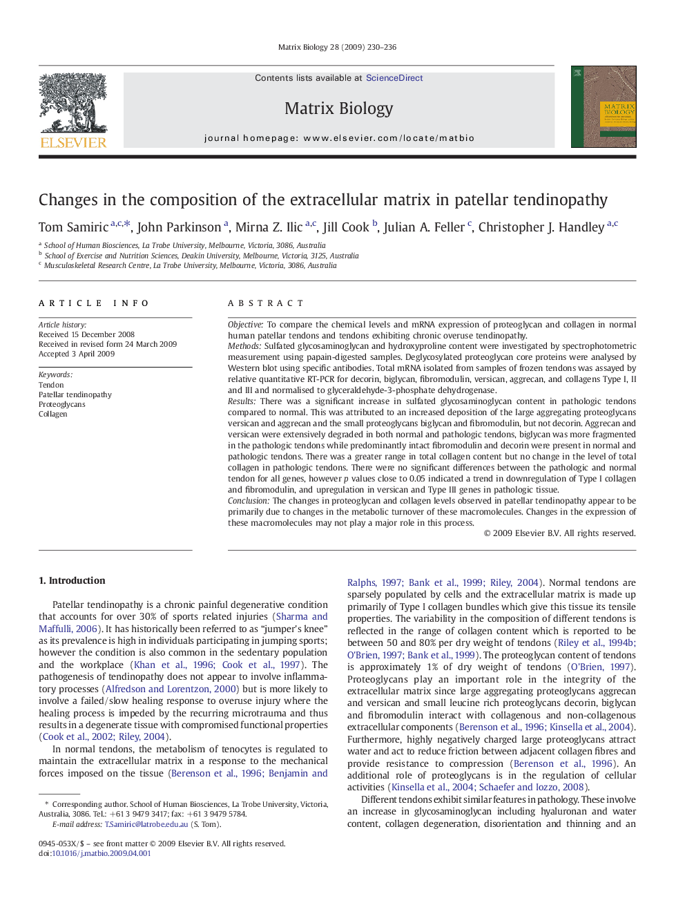 Changes in the composition of the extracellular matrix in patellar tendinopathy