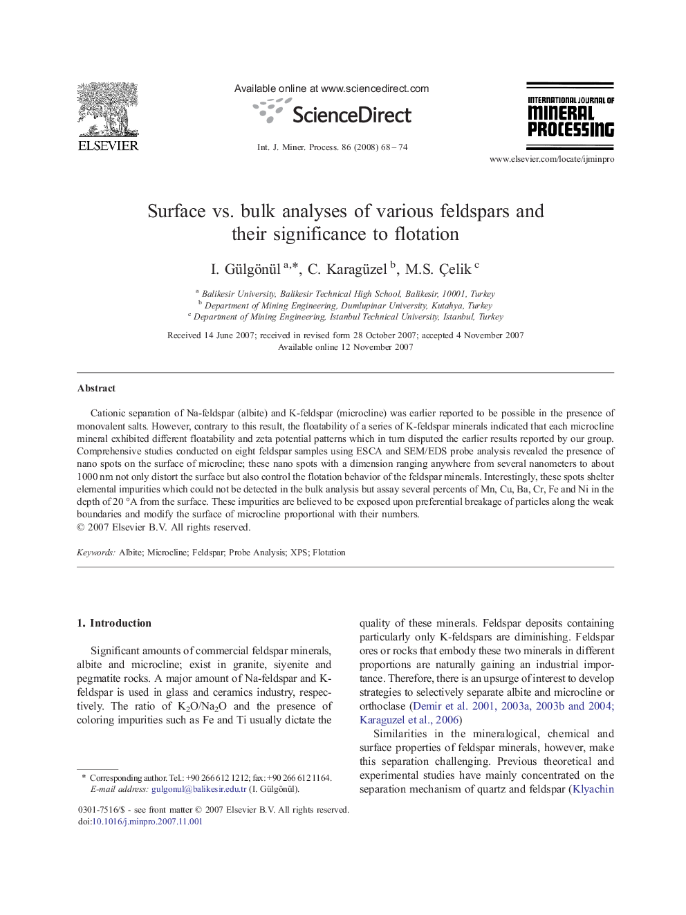 Surface vs. bulk analyses of various feldspars and their significance to flotation