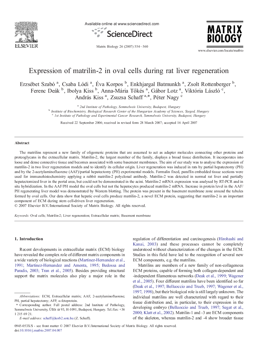 Expression of matrilin-2 in oval cells during rat liver regeneration