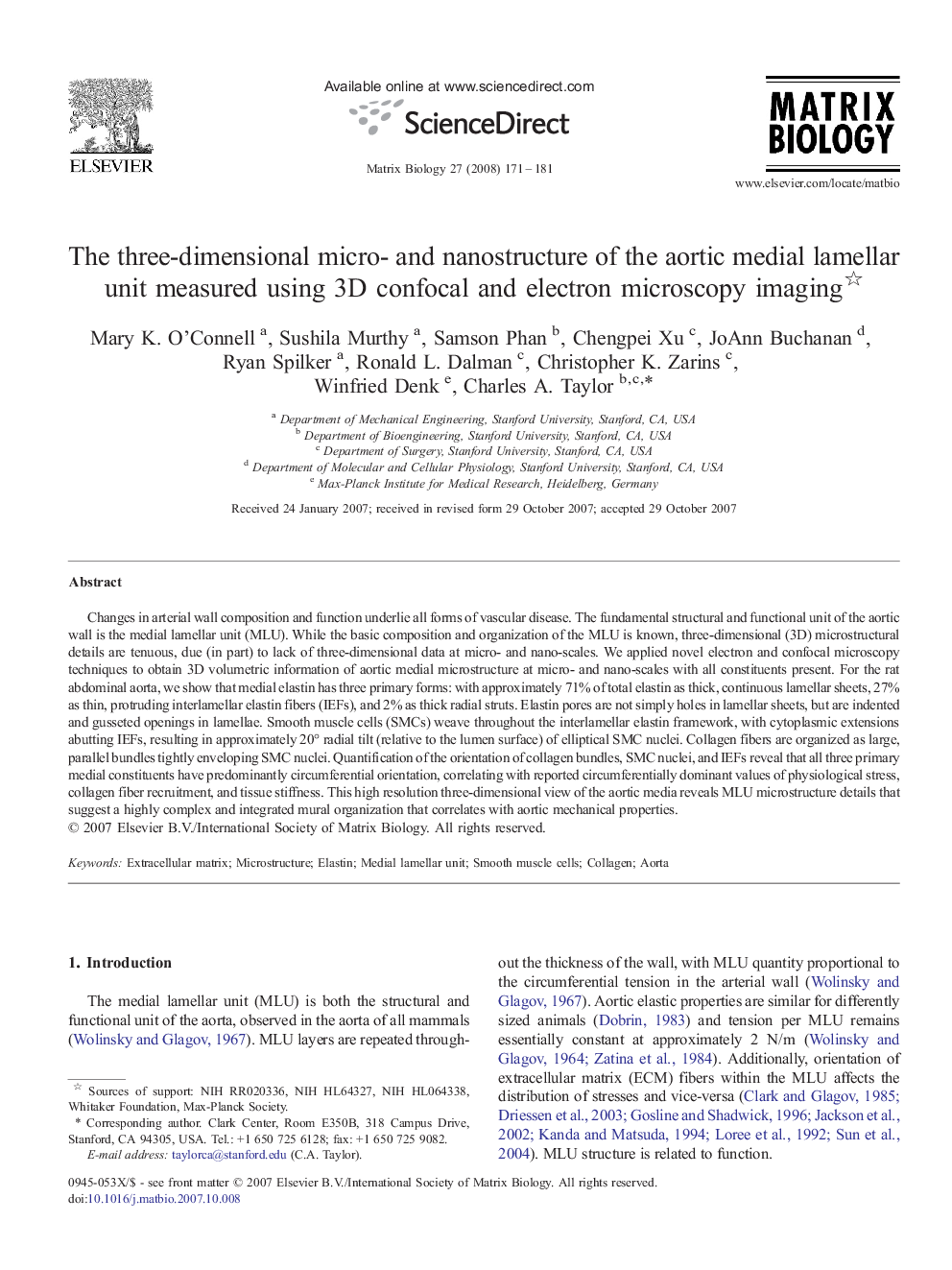 The three-dimensional micro- and nanostructure of the aortic medial lamellar unit measured using 3D confocal and electron microscopy imaging 