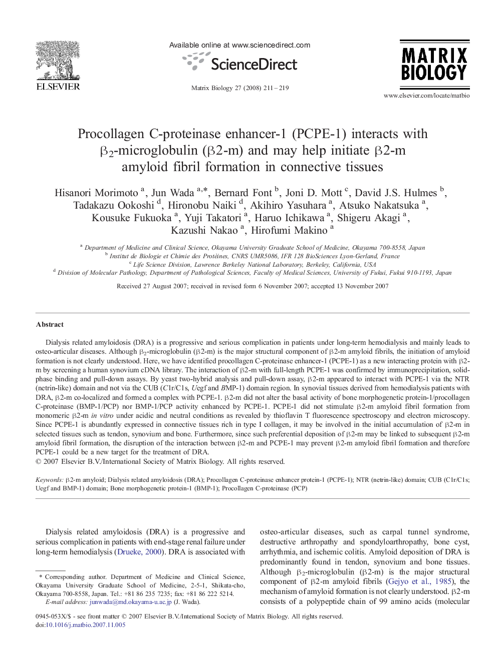 Procollagen C-proteinase enhancer-1 (PCPE-1) interacts with β2-microglobulin (β2-m) and may help initiate β2-m amyloid fibril formation in connective tissues