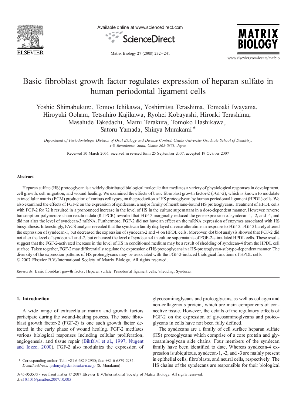 Basic fibroblast growth factor regulates expression of heparan sulfate in human periodontal ligament cells