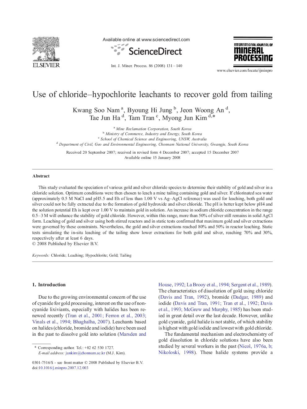 Use of chloride–hypochlorite leachants to recover gold from tailing