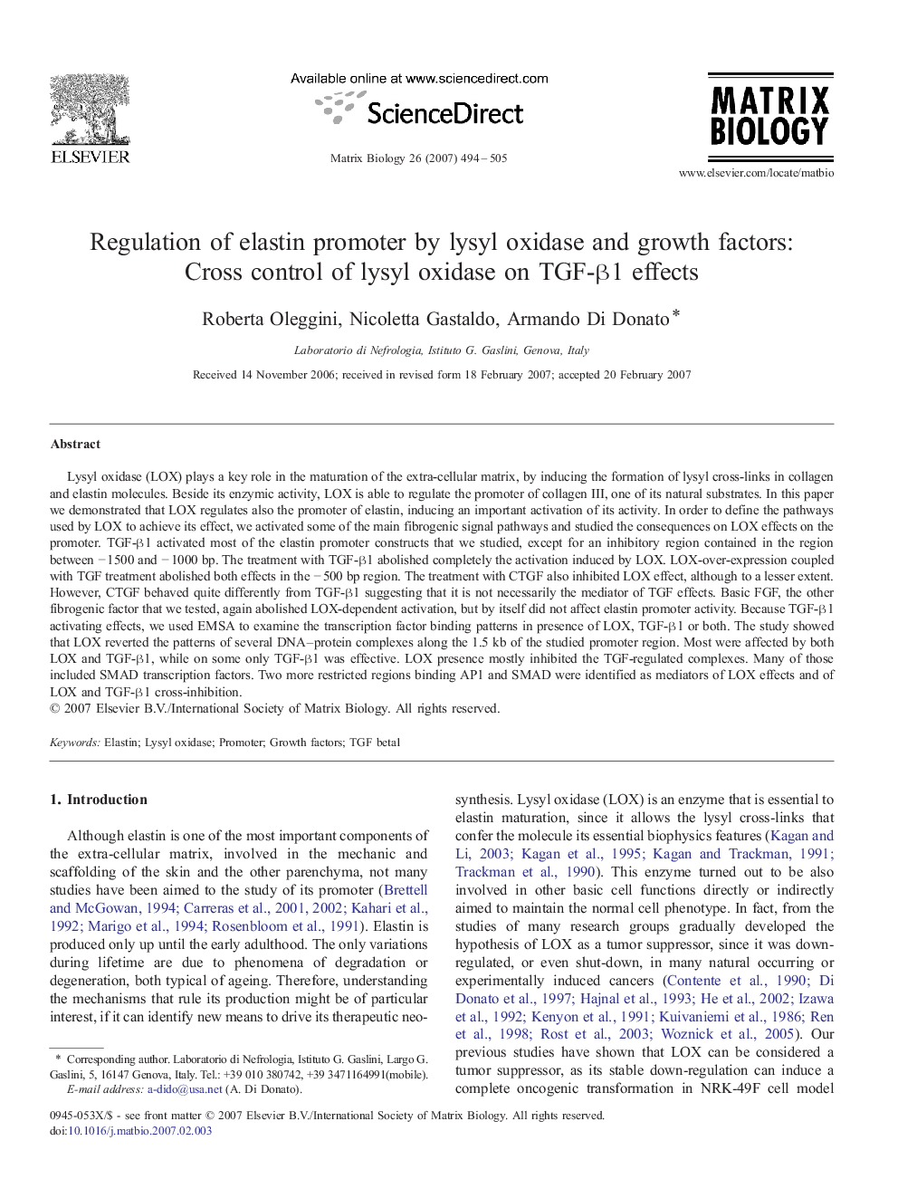 Regulation of elastin promoter by lysyl oxidase and growth factors: Cross control of lysyl oxidase on TGF-β1 effects