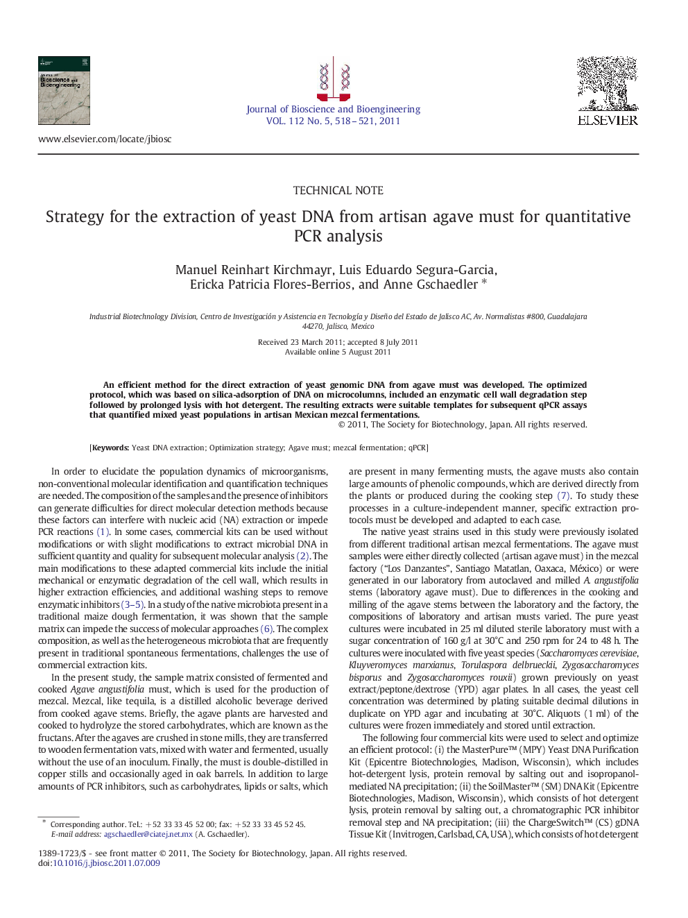 Strategy for the extraction of yeast DNA from artisan agave must for quantitative PCR analysis