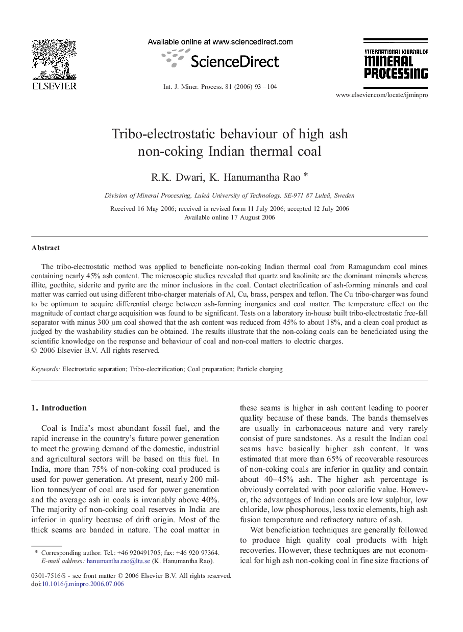 Tribo-electrostatic behaviour of high ash non-coking Indian thermal coal