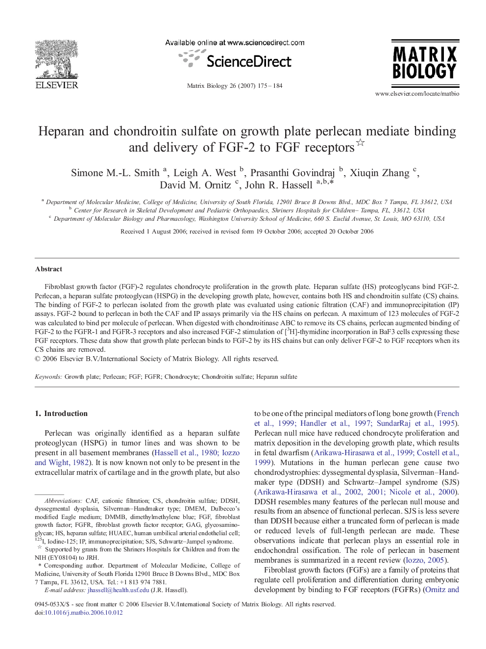 Heparan and chondroitin sulfate on growth plate perlecan mediate binding and delivery of FGF-2 to FGF receptors 