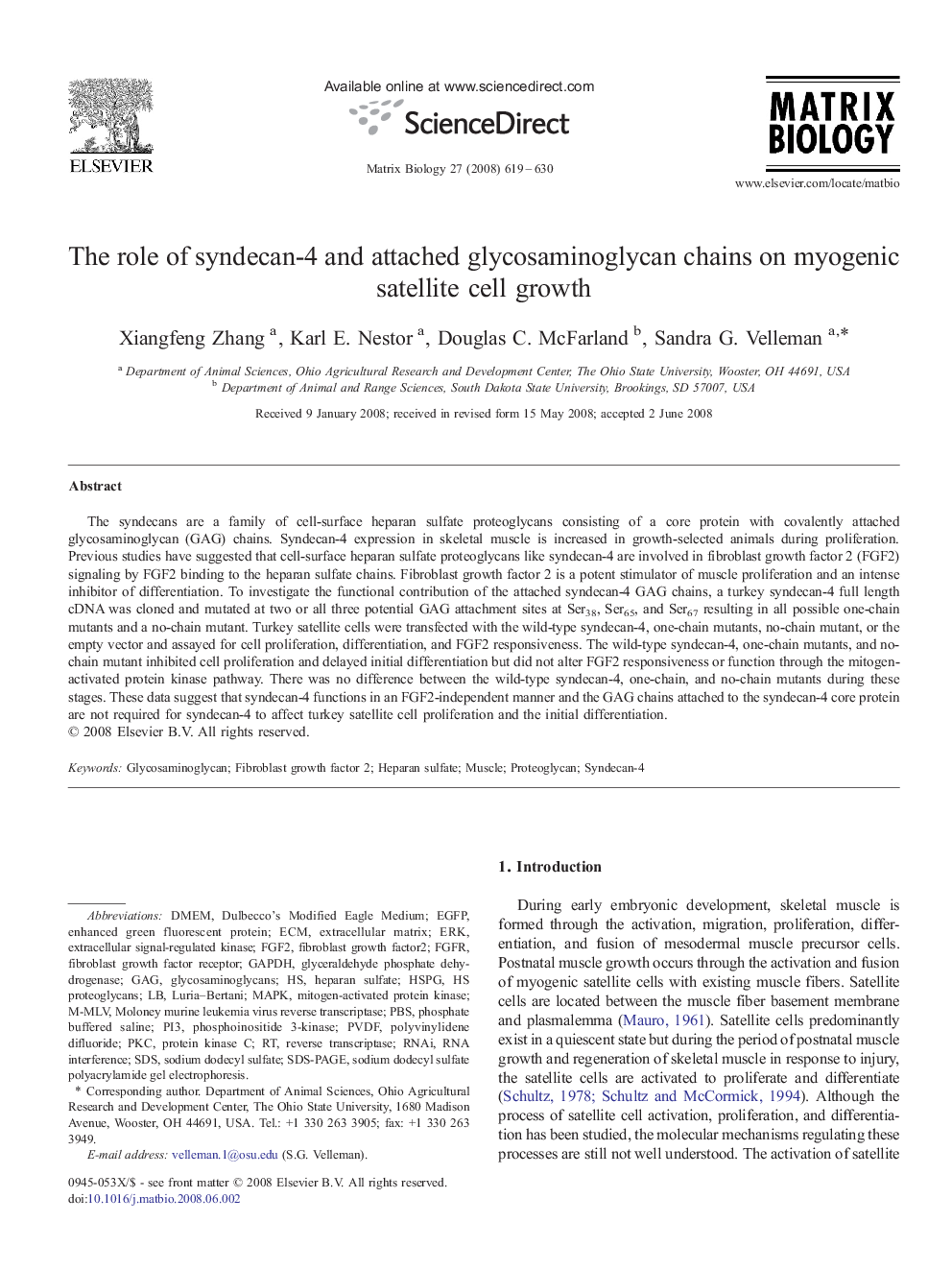 The role of syndecan-4 and attached glycosaminoglycan chains on myogenic satellite cell growth