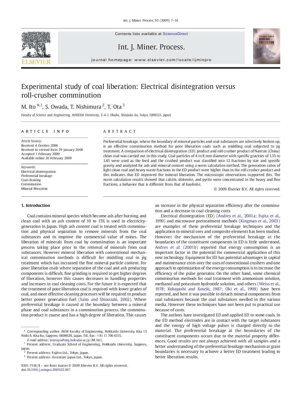 Experimental study of coal liberation: Electrical disintegration versus roll-crusher comminution