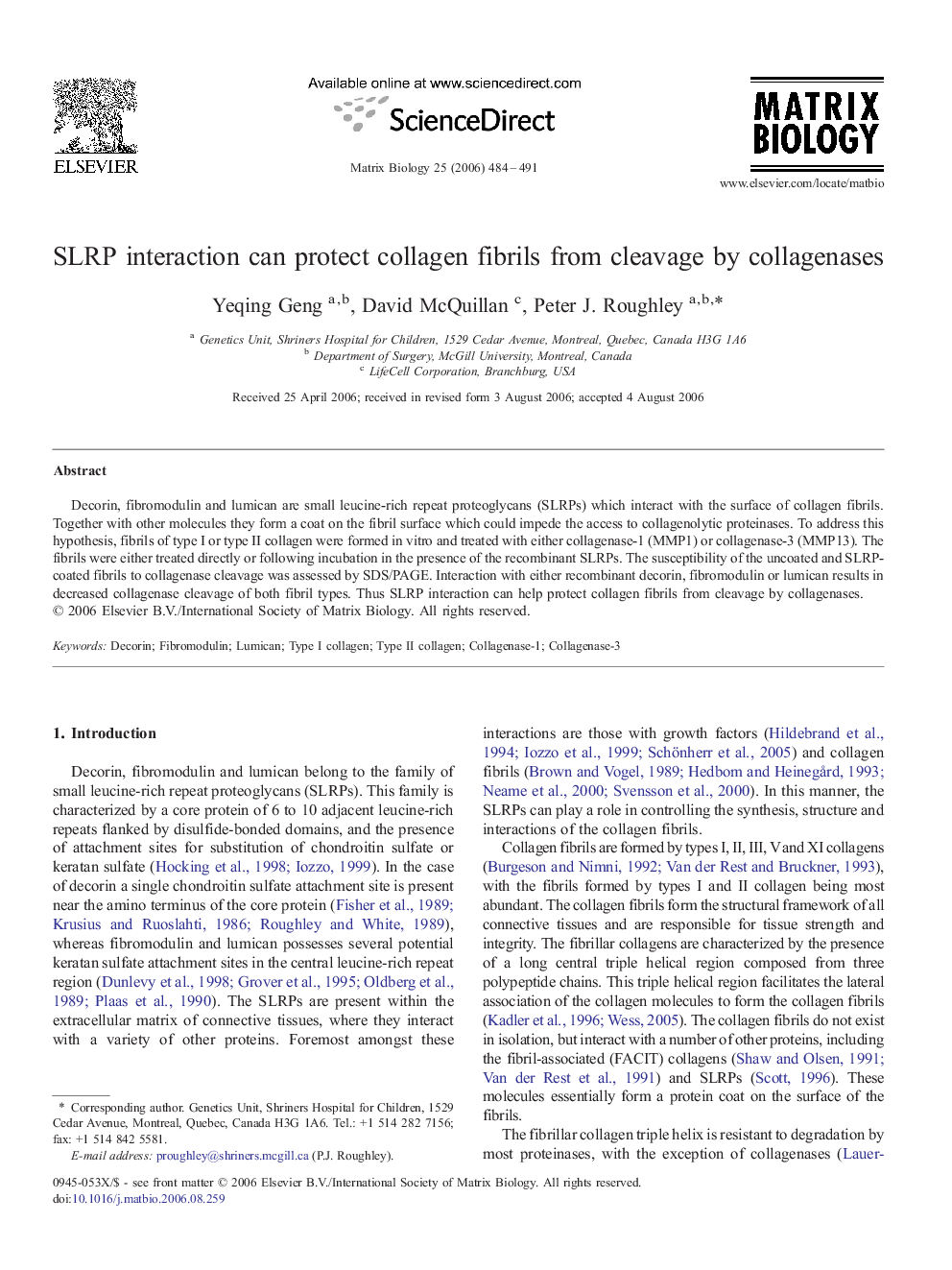 SLRP interaction can protect collagen fibrils from cleavage by collagenases