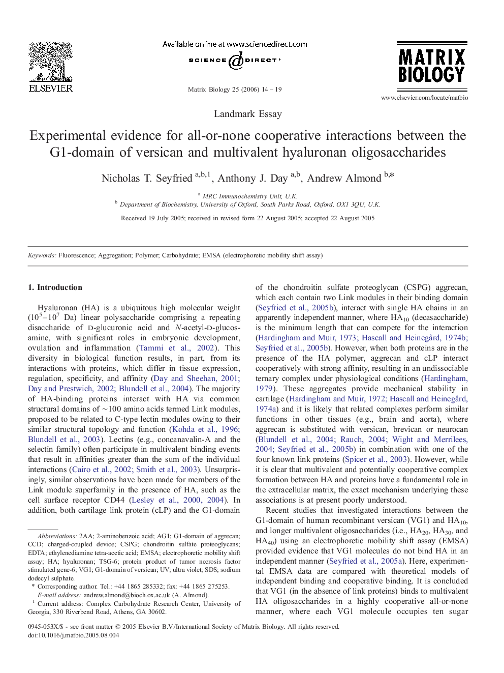 Experimental evidence for all-or-none cooperative interactions between the G1-domain of versican and multivalent hyaluronan oligosaccharides