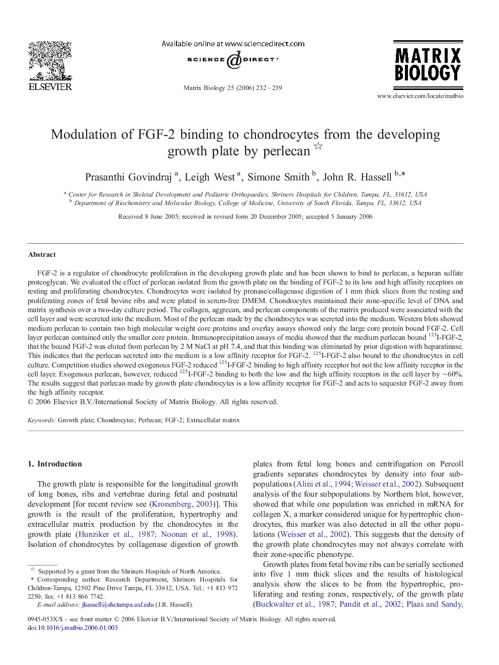 Modulation of FGF-2 binding to chondrocytes from the developing growth plate by perlecan 