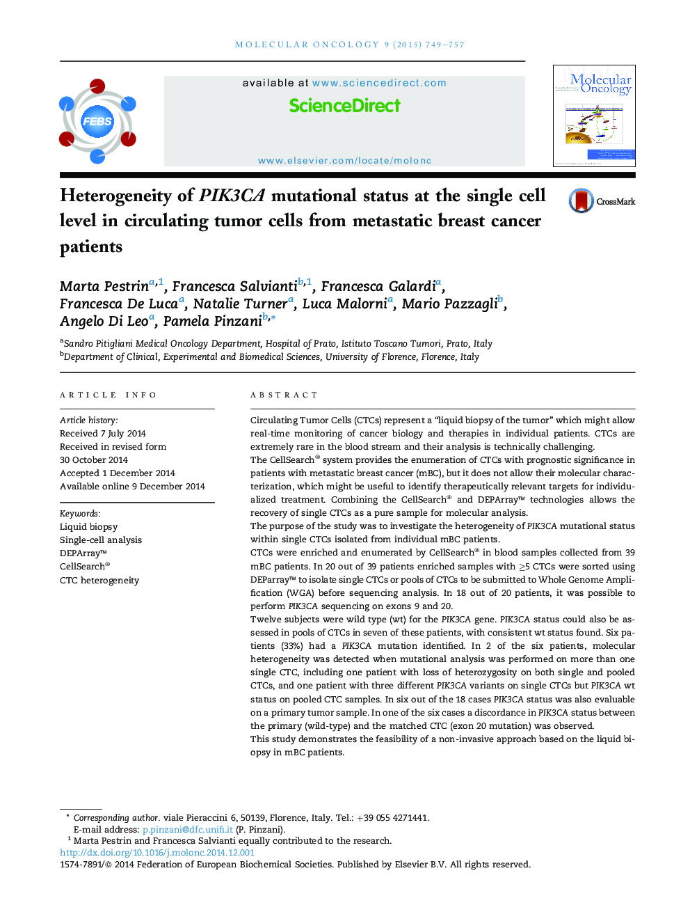Heterogeneity of PIK3CA mutational status at the single cell level in circulating tumor cells from metastatic breast cancer patients