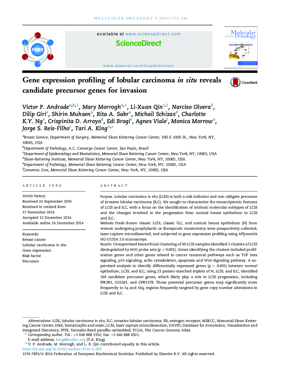 Gene expression profiling of lobular carcinoma in situ reveals candidate precursor genes for invasion